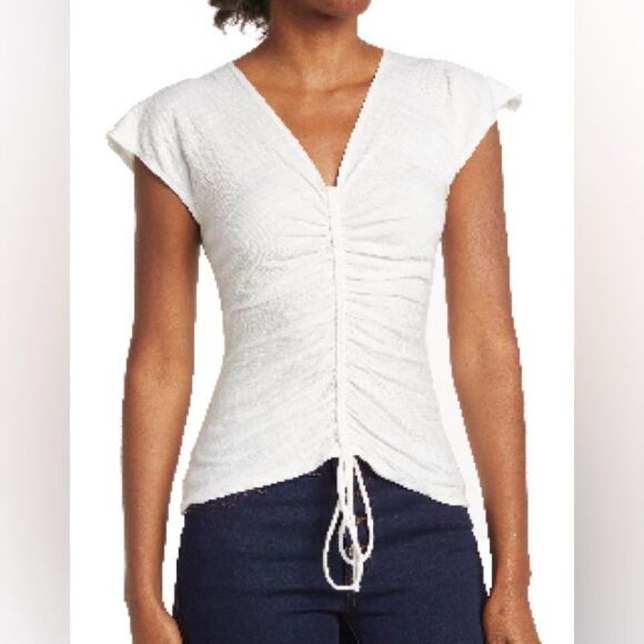 Max Studio White Top Ruched Tie Front Cap Sleeve Blouse - Picture 1 of 7